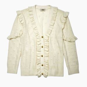 Kate Spade Cream Beige Ruffle Pom Gold Button Sweater Cardigan